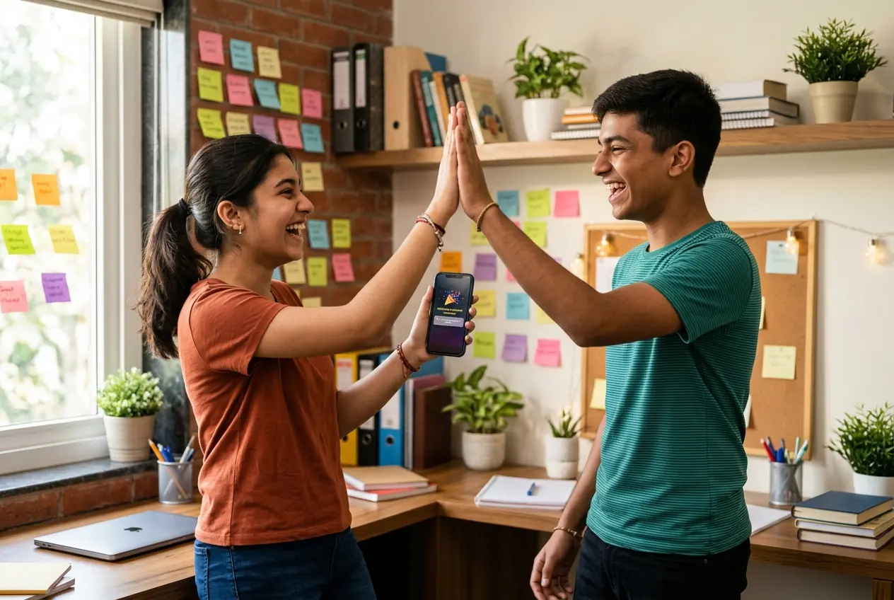 Two students celebrating with a high five