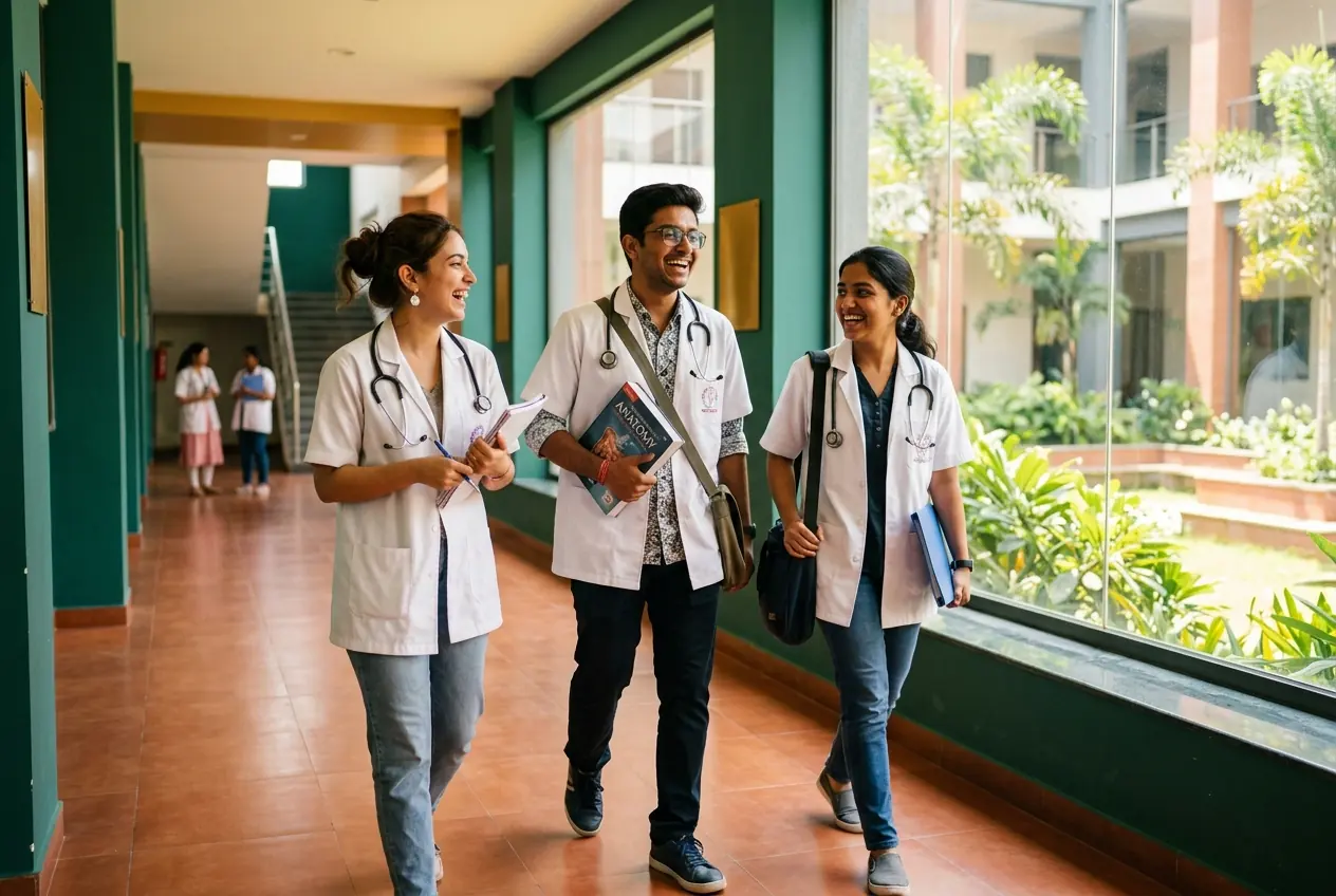 Medical students in white coats walking together