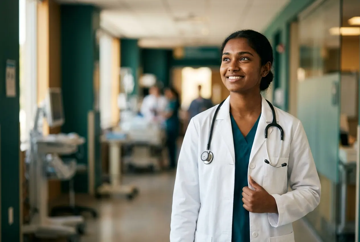 A young NEET aspirant in a doctor's white coat